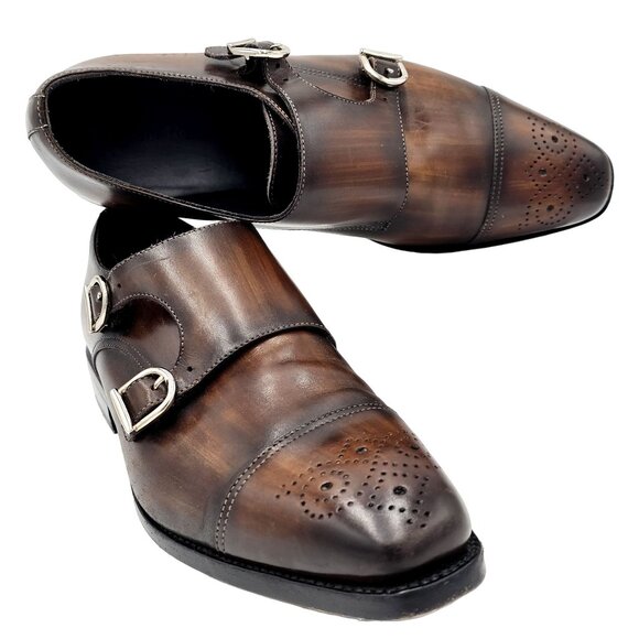 Chalk Mark Men\'s 8.5 Antique Patina Brown Dress Shoes Double Monk Strap Loafers